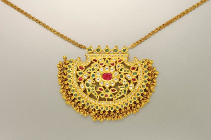 Lot image - Indian Gold, Foiled Back Ruby, Emerald and White Sapphire Pendant with Gold Chain