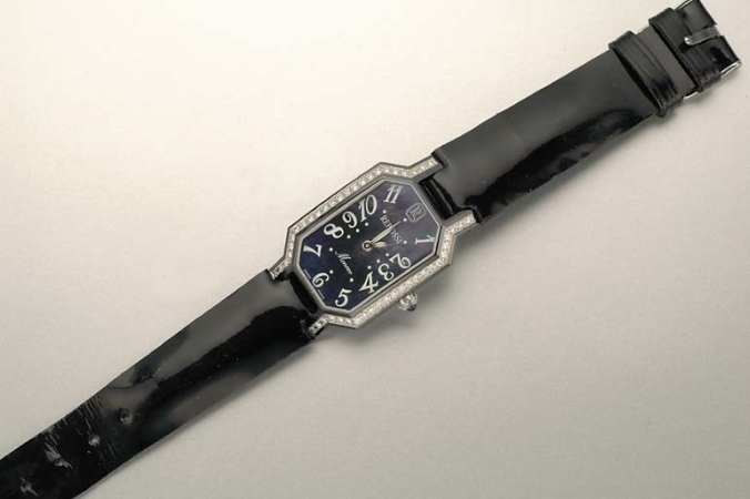Lot image - Blackened Stainless Steel, Mother-of-Pearl and Diamond Wristwatch