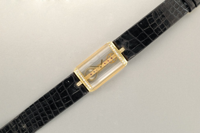 Lot image - Gold and Diamond Single Bridge Skeletonized Wristwatch