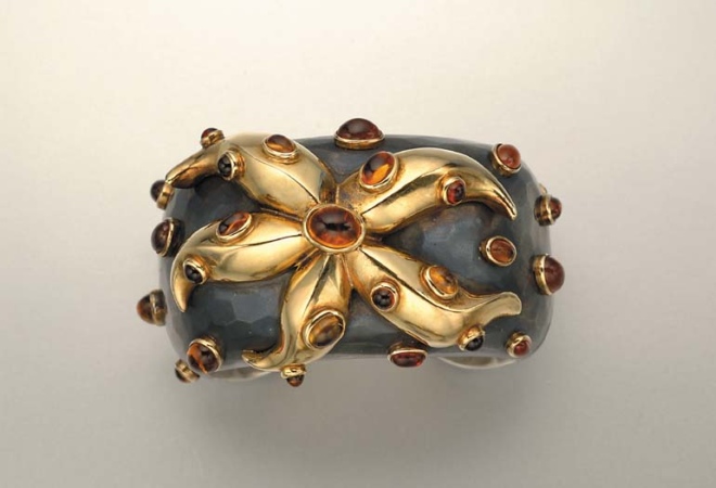 Lot image - Hammered Niello Silver, Gold and Cabochon Citrine Cuff Bangle