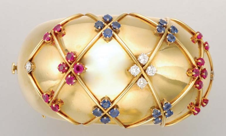 Lot image - Gold, Ruby, Sapphire And Diamond Cuff Bangle