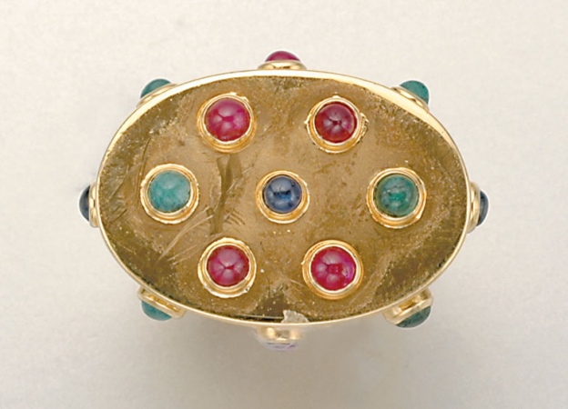 Lot image - Gold, Cabochon Emerald, Ruby and Sapphire Ring