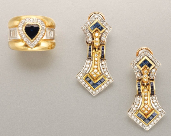 Lot image - Pair of Sapphire and Diamond Earrings and Ring