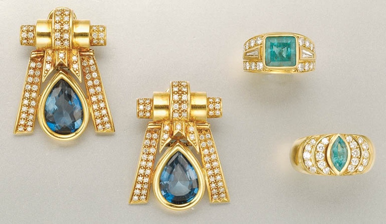 Lot image - Pair of Blue Topaz and Diamond Earrings and Two Emerald and Diamond Rings