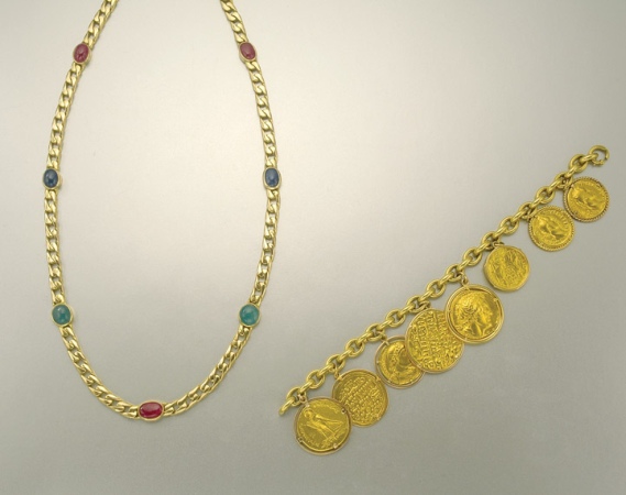 Lot image - Gold Charm Bracelet and Gold and Gem-Set Chain Necklace