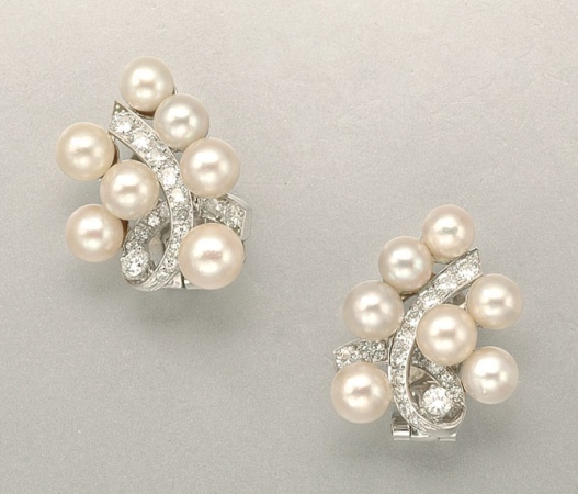 Lot image - Pair of Cultured Pearl and Diamond Earclips