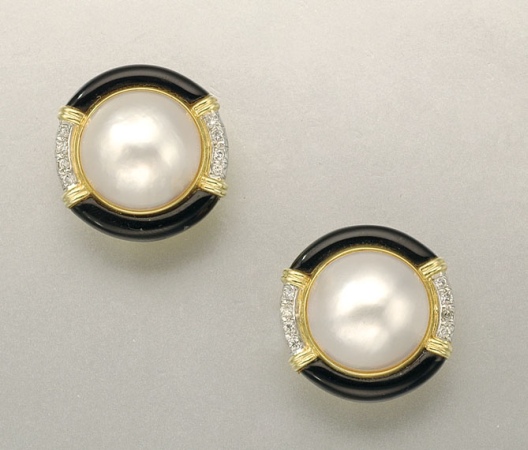 Lot image - Pair of Mabe Pearl, Black Onyx and Diamond Earclips