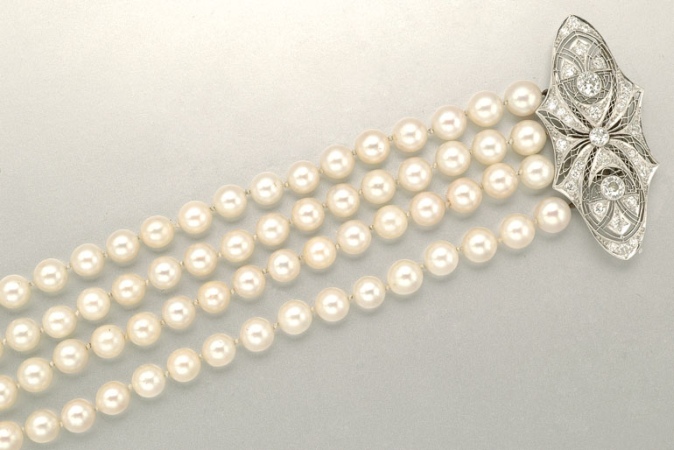 Lot image - Four Strand Cultured Pearl Bracelet with Diamond Clasp