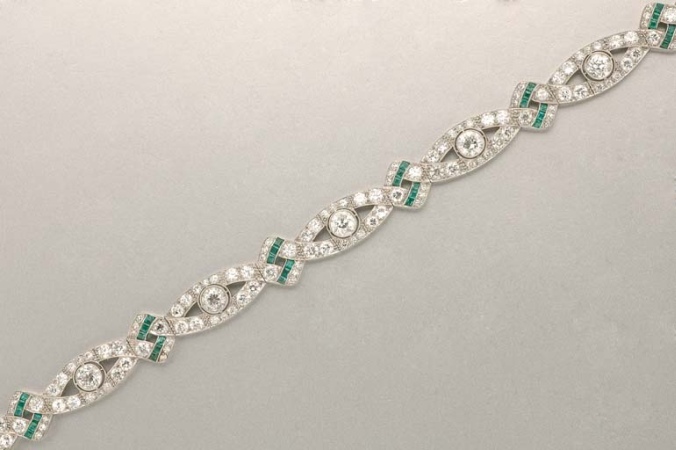 Lot image - Art Deco Platinum, Diamond and Emerald Bracelet