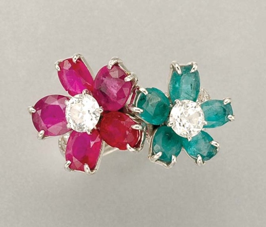 Lot image - Diamond, Ruby and Emerald Flower Ring