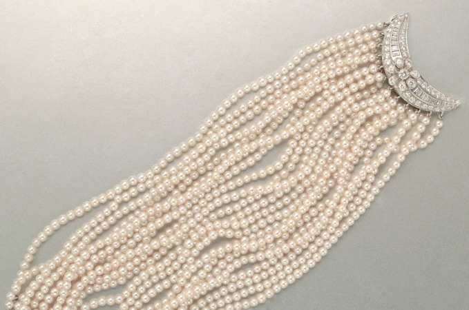 Lot image - Twenty Two Strand Cultured Pearl and Diamond Torsade Bracelet