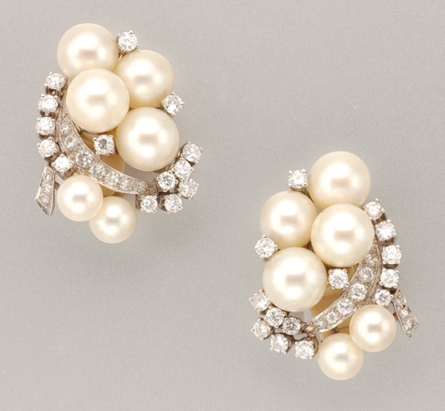 Lot image - Pair of Cultured Pearl and Diamond Earclips
