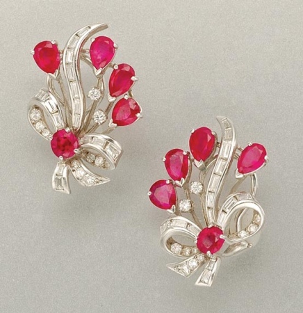Lot image - Pair of Ruby and Diamond Earclips