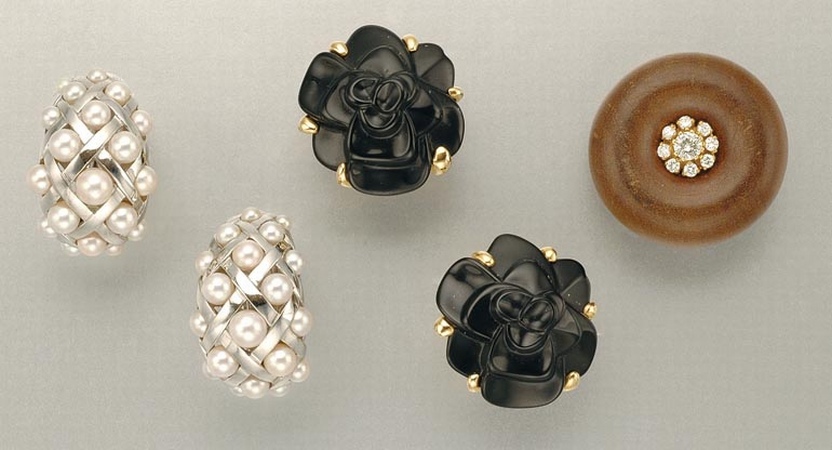 Lot image - Two Pairs of Earclips and Wood and Diamond Pin