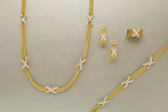 Lot image - Two-Color Gold and Diamond, Necklace, Bracelet, Pair of Earrings and Ring