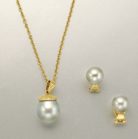 Lot image - Pair of Gray Cultured Pearl Earclips and Pendant with Chain