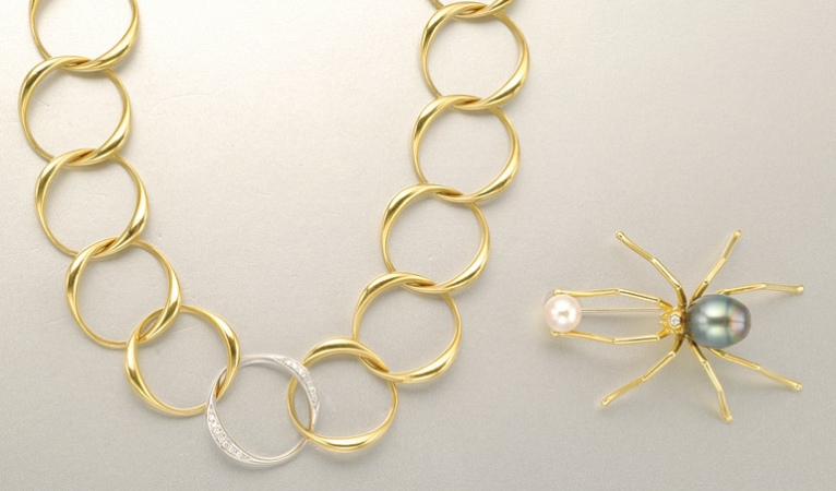 Lot image - Gold and Diamond Necklace and Black and White Cultured Pearl Spider Brooch