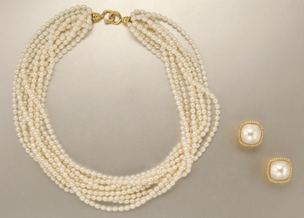 Lot image - Ten Strand Biwa Pearl and Gold Torsade Necklace and Pair of Mabe Pearl and Diamond Earclips