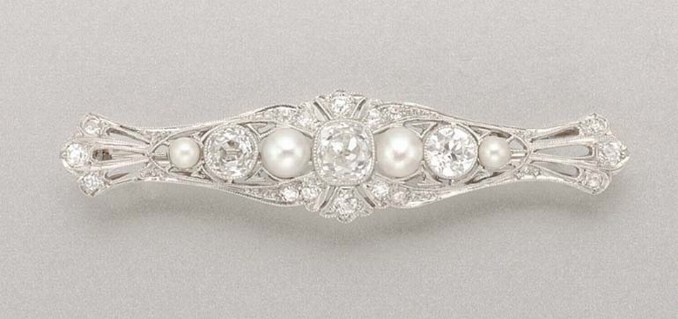 Lot image - Diamond and Pearl Bar Brooch