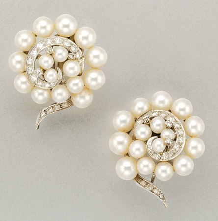 Lot image - Pair of Cultured Pearl and Diamond Earclips