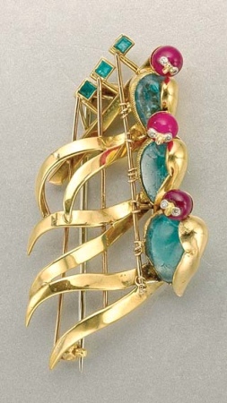 Lot image - Gold, Cabochon Emerald, Ruby Bead and Diamond Clip Brooch
