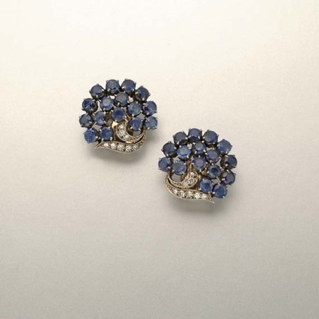 Lot image - Pair of Sapphire and Diamond Earclips