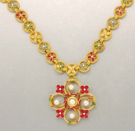 Lot image - Antique Gold, Enamel and Pearl Pendant Necklace