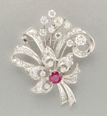 Lot image - Diamond and Ruby Bow Pin