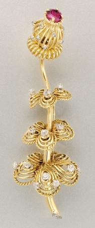Lot image - Gold, Ruby and Diamond Thistle Brooch