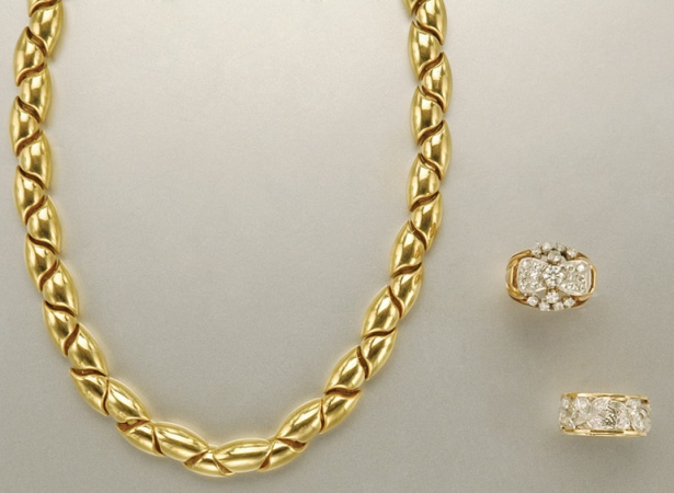 Lot image - Gold Necklace and Two Diamond Rings