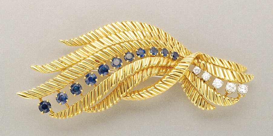 Lot image - Gold, Sapphire and Diamond Leaf Brooch