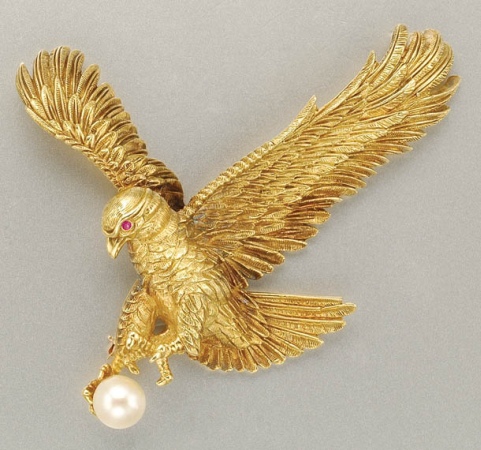 Lot image - Gold and Cultured Pearl Eagle Brooch