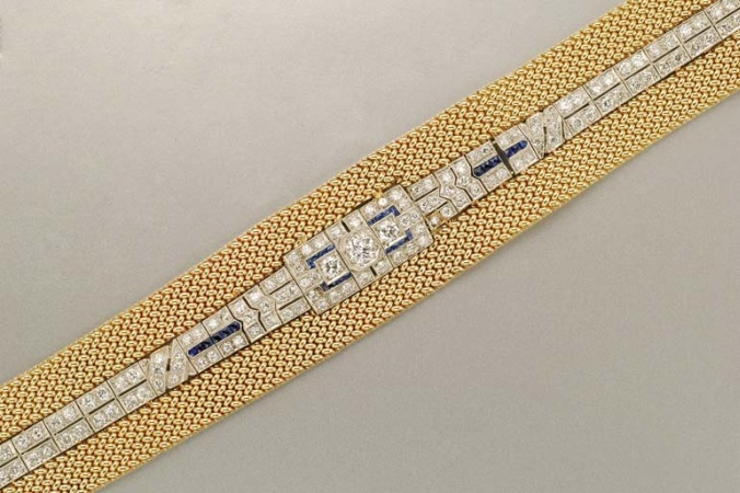 Lot image - Gold, Platinum, Diamond and Synthetic Sapphire Bracelet