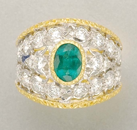 Lot image - Two-Color Gold, Emerald and Diamond Ring