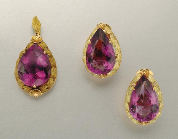Lot image - Pair of Two-Color Gold and Amethyst Earrings and Pendant