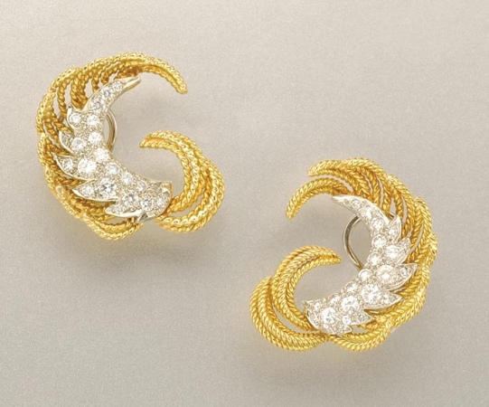 Lot image - Pair of Two-Color Gold and Diamond Feather Earclips