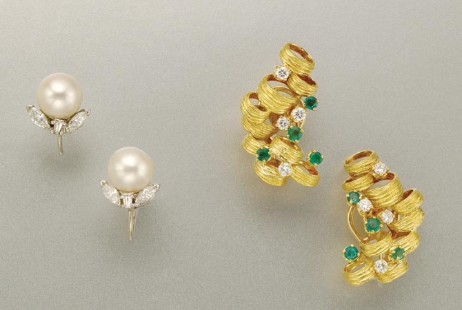 Lot image - Pair of Gold, Emerald and Diamond Earclips and Cultured Pearl and Diamond Earclips