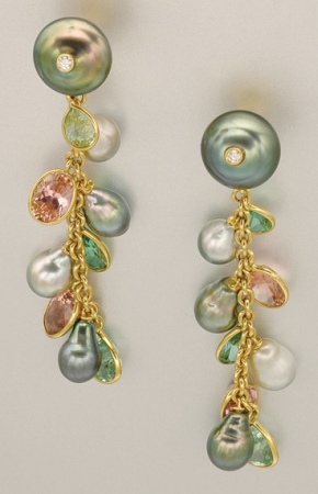 Lot image - Pair of Gray and Black Baroque Black Cultured Pearl, Diamond and Pink and Green Tourmaline Earclips