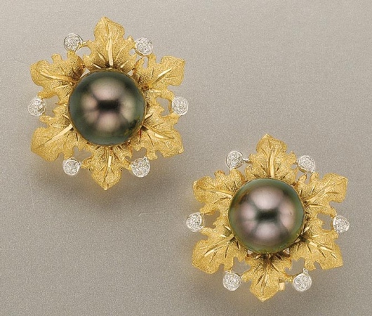 Lot image - Pair of Gold, Black Cultured Pearl and Diamond Earclips