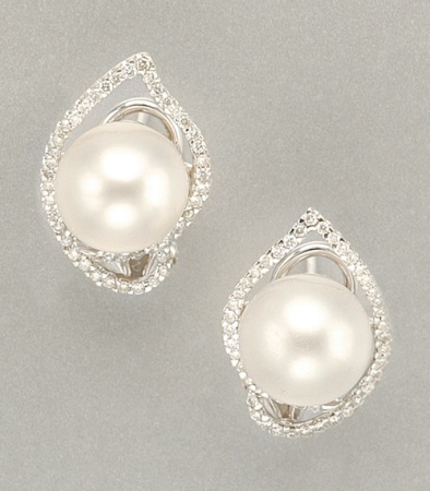 Lot image - Pair of Cultured Pearl and Diamond Earrings
