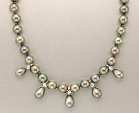 Lot image - Black Cultured Pearl and Diamond Necklace