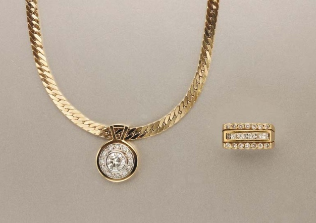 Lot image - Gold and Diamond Pendant Necklace and Ring