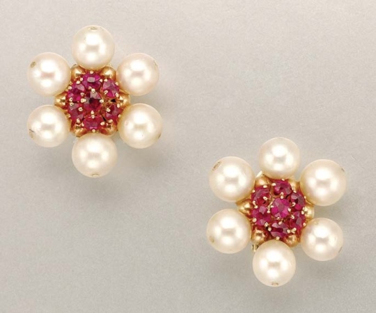 Lot image - Pair of Cultured Pearl and Ruby Earclips