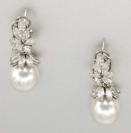 Lot image - Pair of Diamond and Cultured Pearl Pendant Earrings