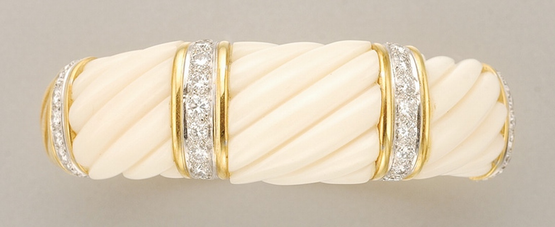 Lot image - Gold, Fluted White Coral and Diamond Bangle