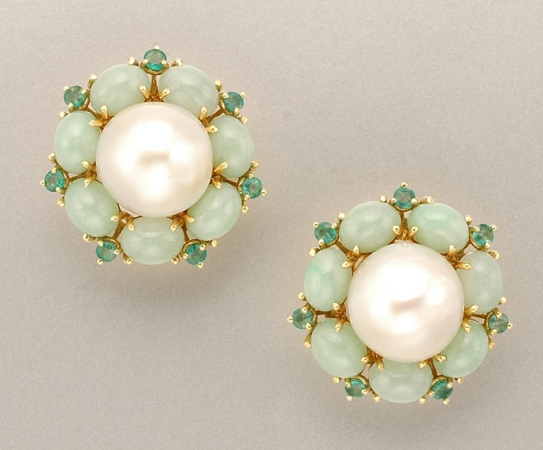 Lot image - Pair of Cultured Pearl, Jade and Emerald Earclips