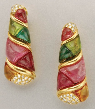 Lot image - Pair of Gold, Gem-Set and Diamond Earclips