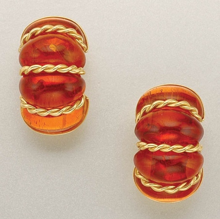 Lot image - Pair of Gold and Amber Earclips