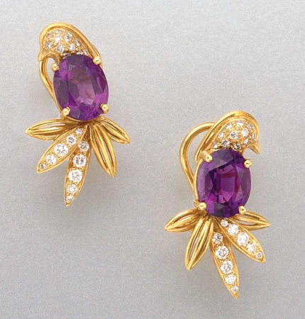 Lot image - Pair of Amethyst and Diamond Earclips
