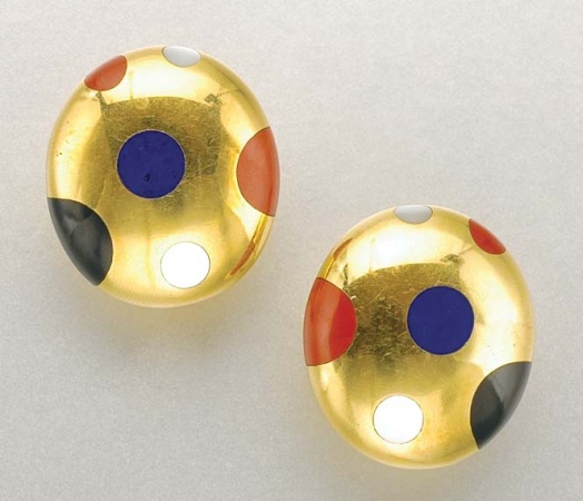 Lot image - Pair of Gold and Multicolored Stone Earrings